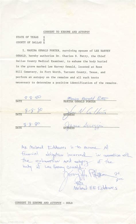 “Consent to Exhume and Autopsy” form signed by Marina Oswald Porter