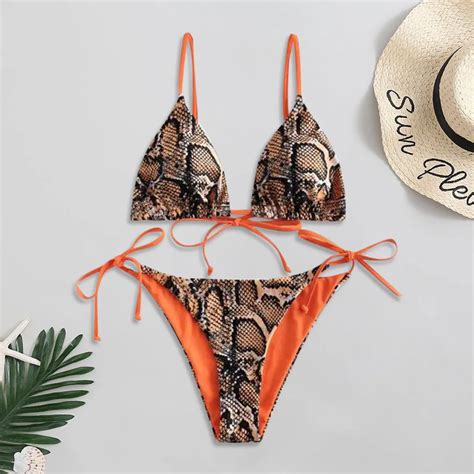 Swimwear For Women Sexy Snakeskin Print Lace Up High Cut Leg Bikini Set