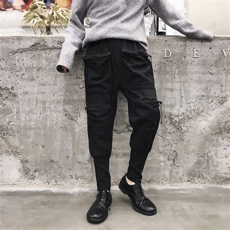 Multi Pocket Hip Hop Men Pants Black Cotton Mens Joggers Ankle Length