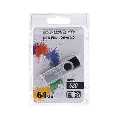Флешка Exployd 530, 64 Гб, USB2.0, чт до 15 Мб/с, зап до 8 Мб/с, чёрная ...