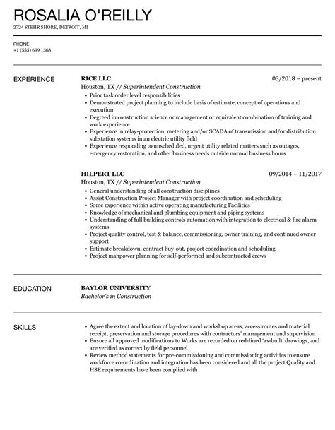 Superintendent Construction Resume Samples Velvet Jobs