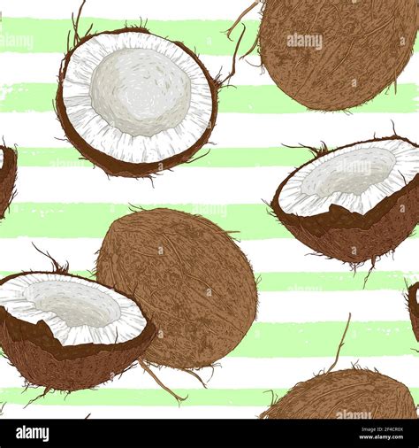 Seamless Pattern With Coconuts And Green Palm Leaves On A White