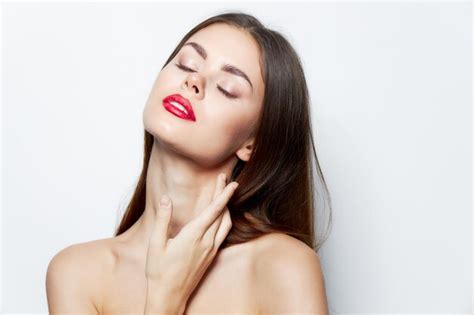 Premium Photo Girl Naked Shoulders Closed Eyes Red Lips Charm Bright Makeup Isolated Background