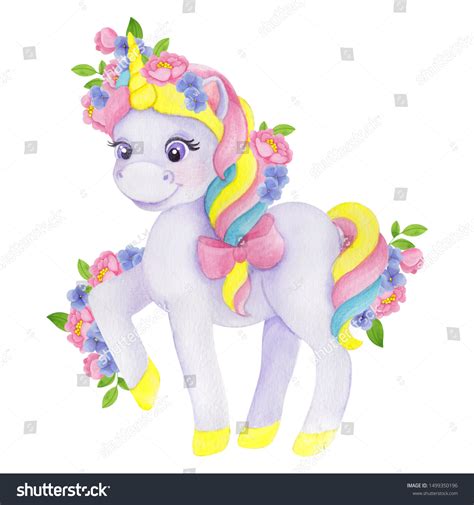 Cute Unicorn Flowers Watercolor Hand Draw Stock Illustration 1499350196 ...