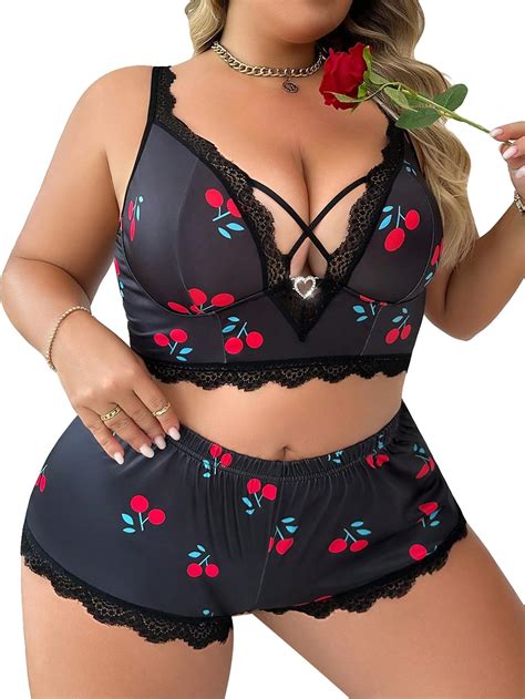 Soly Hux Women S Plus Size Cute Print Lace Trim Lingerie Set Bra And Panty Underwear Sets Black