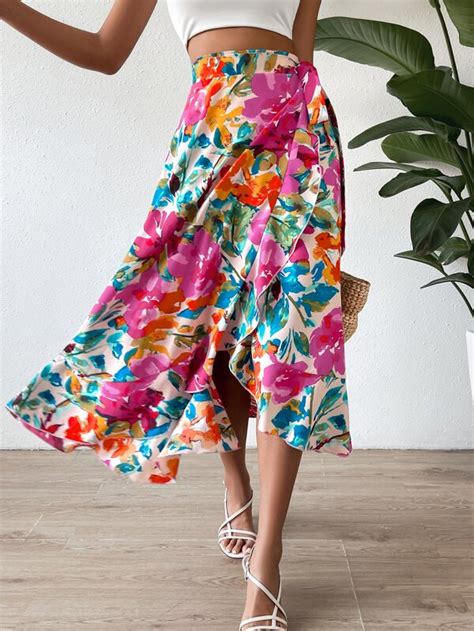 Shein Vcay Falda Cruzada Con Estampado Floral Con Nudo Lateral Moda