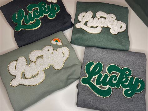 Green Script Lucky Chenille Patch Sweatshirt St Patricks Day Lucky