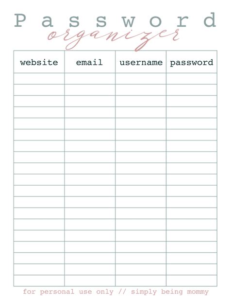 Printable Password Organizer Free Way To Organize Your Passwords