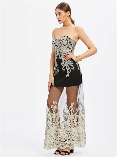 Embroidered Mesh Overlay Bandeau Dress Shein Sheinside