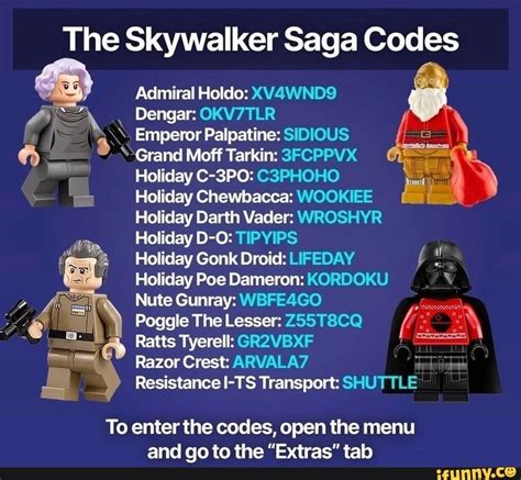 The Skywalker Saga Codes Admiral Holdo Xv Wnd Dengar Okv Tlr Emperor