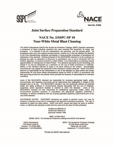 Nace No 2sspc Sp 10 Near White Metal Blast Cleaning Reaffirmed In