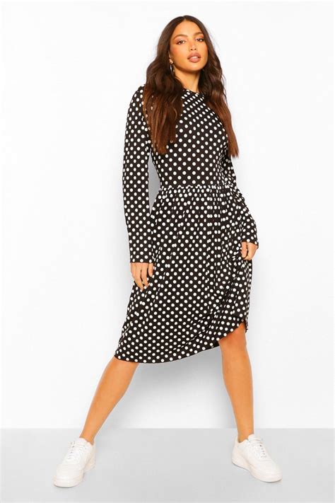 Tall Polka Dot Long Sleeve Smock Midi Dress Boohoo