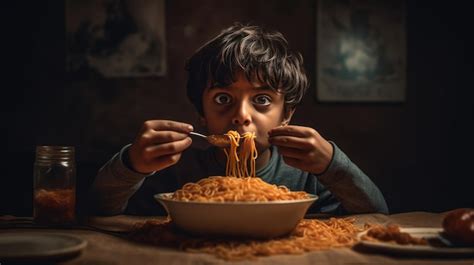 Premium AI Image | Boy Eating Spaghetti