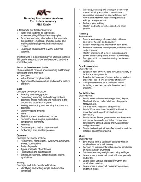 Curriculum Summary Fifth Grade