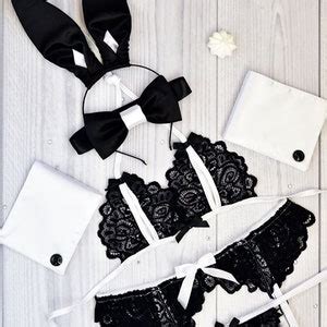 Black Sexy Bunny Ears Lingerie Set See Through Lace Garter Etsy