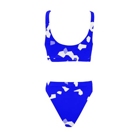 White Interlocking Diamonds Mosaic Blue Sport Top High Waisted Bikini Swimsuit Model S
