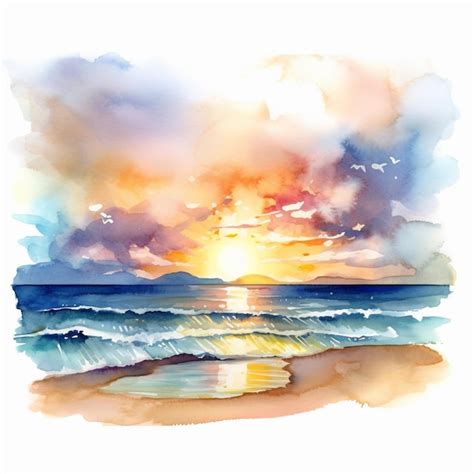 Premium AI Image | A watercolor painting of a sunset with the sun ...