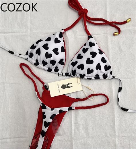 Cozok Swimwear Women Cute Heart Print Brazilian Bikini Set Sexy Thong