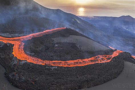 Aerial Top Down View Of Lava Floating Down The Volcan Cumbre Vieja A