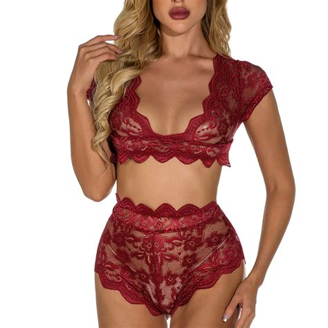 EHQJNJ Red Lingerie Set With Garter Belt Womens Lace Solid Color