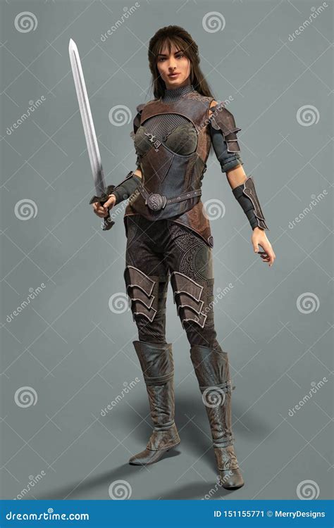 Beautiful Fantasy Woman Warrior Holding A Sword Stock Illustration