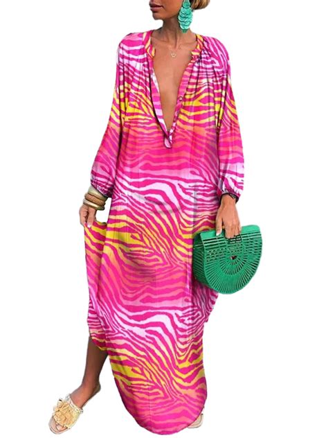 Daeful Women Dress V Neck Maxi Dresses Long Sleeve Autumn Floral Printed Baggy Button Down Zebra