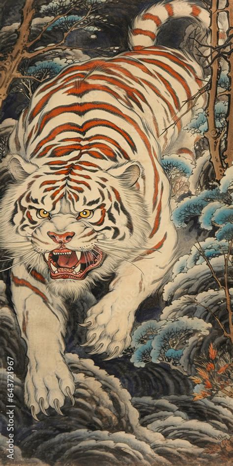 Japanese Ukiyo-e White Tiger Illustration,A White Tiger in a ...