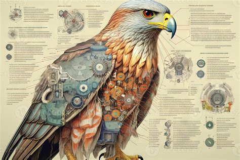 Falcon bird cyborg animal detailed infographic, full details anatomy poster diagram illustration ...