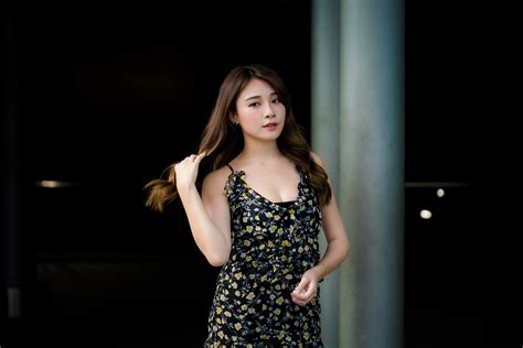Asian Model Women Long Hair Brunette Depth Of Field Flower Dress Bracelets Column