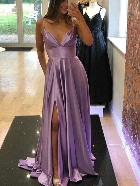 A Line V Neck Purple Prom Dress With Slit Purple Long Formal Evening Morievent