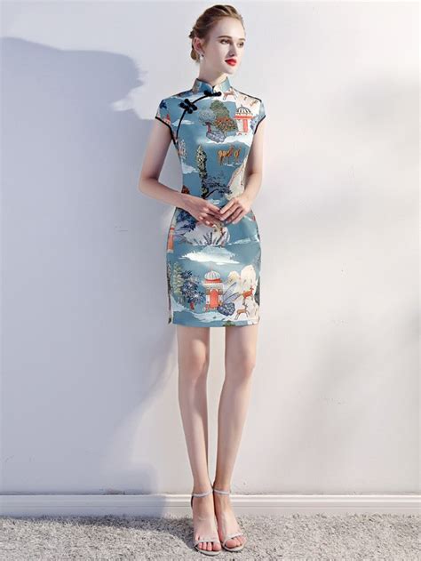 Blue Printed Short Chinese Qipao Cheongsam Party Dress CozyLadyWear