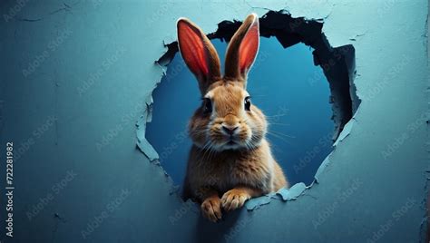 Bunny Peeking Out Of A Hole In Blue Wall Fluffy Eared Bunny Easter