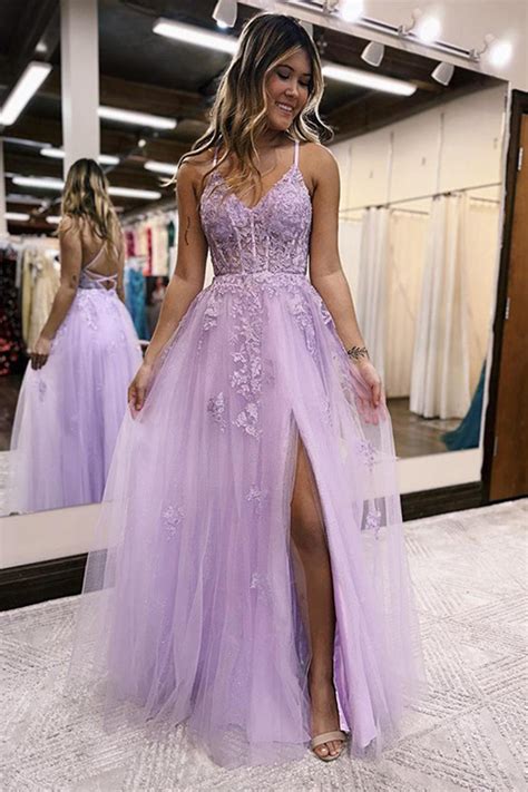 Hellymoon Women Purple Lace Lavender Prom Dress With Slit A Line Spaghetti Straps Formal Party