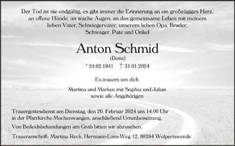 Traueranzeigen Von Anton Schmid Schwaebische De Trauerportal