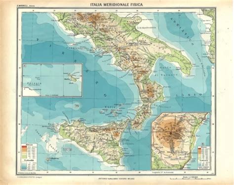 CARTA GEOGRAFICA ANTICA ITALIA MERIDIONALE Etna Malta 1939 Old Antique