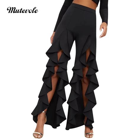 Mutevole Flare Ruffle Pants Women Irregular Wide Leg Pants Empire Waist