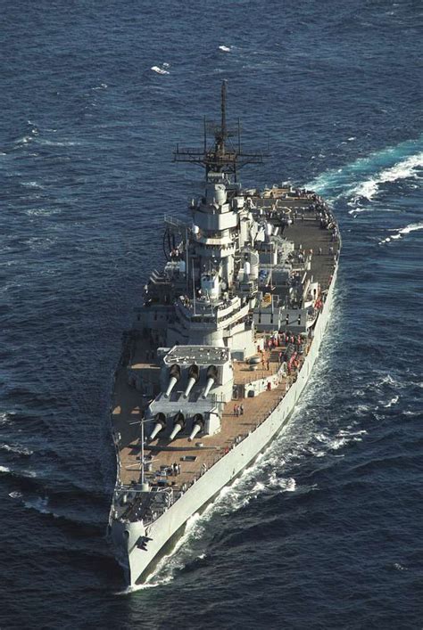 An Aerial Port Bow View Of The Battleship USS MISSOURI BB 63 Underway