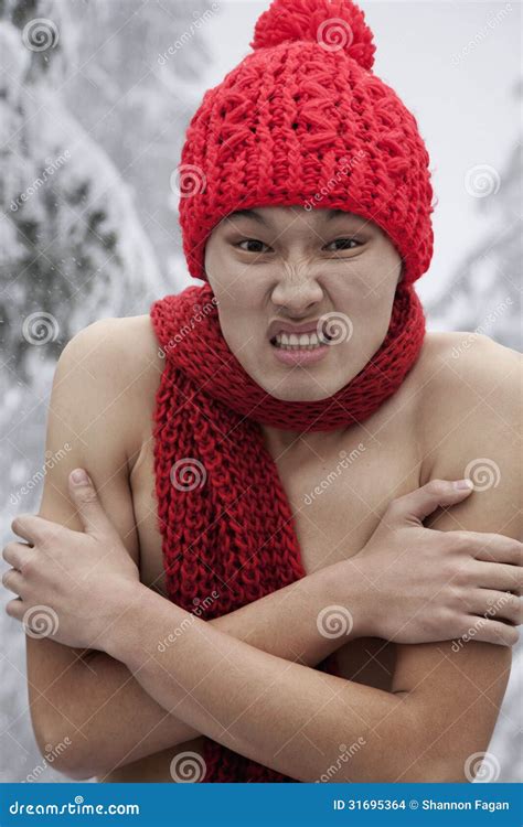 Shirtless Man With Hat And Scarf In The Snow Stock Photo Image Of