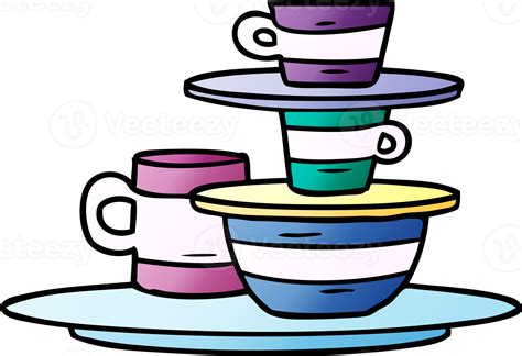 Hand Drawn Gradient Cartoon Doodle Of Colourful Bowls And Plates