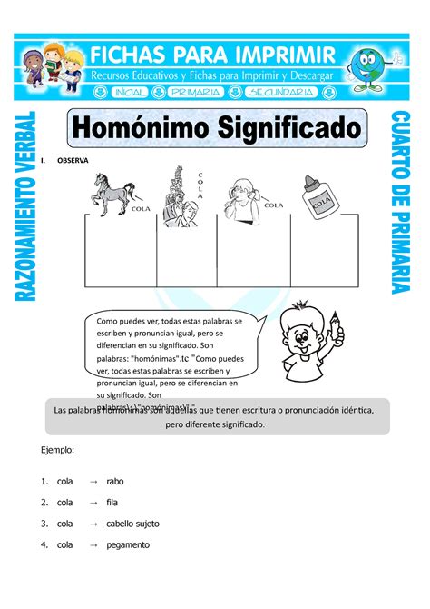 Ficha Hom Nimo Significado Para Cuarto De Primaria I Observa Las