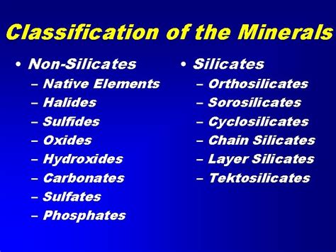 Descriptive Mineralogy Classification Of Minerals Classification Of The