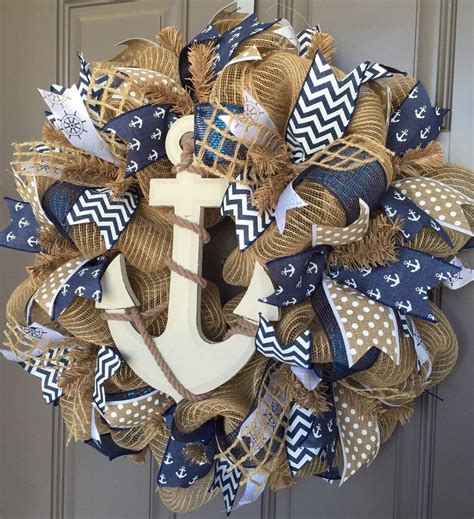 Anchor Nautical Burlap Deco Mesh Wreath With Navy Mesh Wreaths