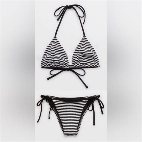 Aerie Swim Nwt Aerie Full Set Crinkle Stripe String Triangle Bikini Top Tie Bottom Ml Poshmark