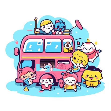 Premium Photo | Colorful Cartoon Characters Ride In a Pink Bus