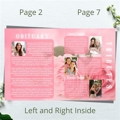 Pink Flower Funeral Program Tabloid Template Obituary Etsy