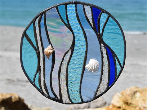 Iridescent Ocean Waves And Seashells Stained Glass Suncatcher Etsy