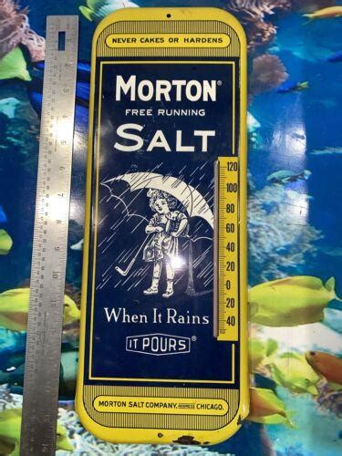 Original Vintage Morton Salt Metal Tin Lithograph Thermometer Working