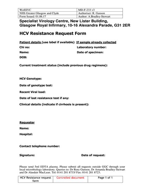 Fillable Online HCV Resistance Request Form Library Nhsggc Org Uk Fax