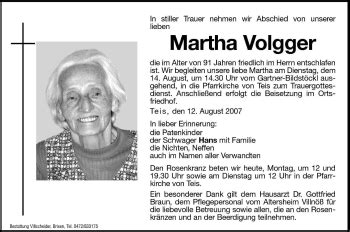 Traueranzeigen Von Martha Volgger Trauer Bz