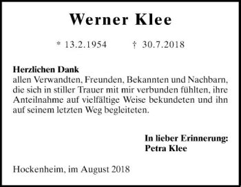 Traueranzeigen Von Werner Klee Trauerportal Ihrer Tageszeitung